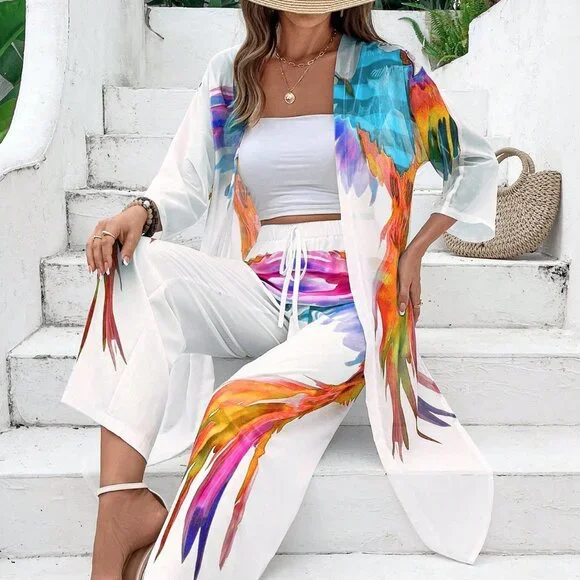 Yellow Casual Women's Tropical Floral 3/4 Sleeve Cardigan & Pants Set - Picture 3 of 6